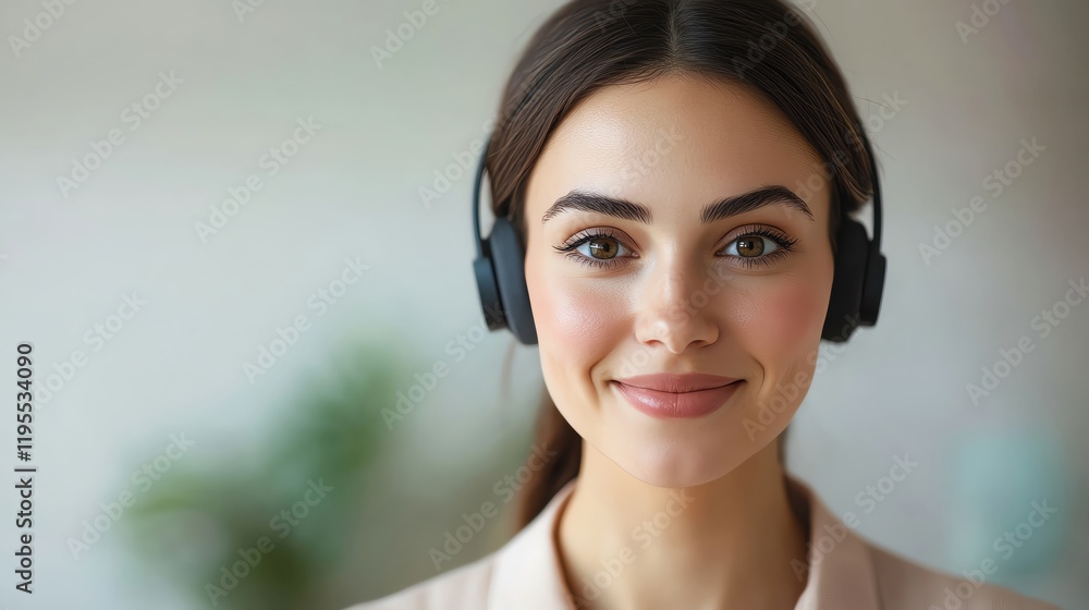 Young woman smiling with headphones in a bright office environment. Young woman smiling with headphones in a bright office environment.