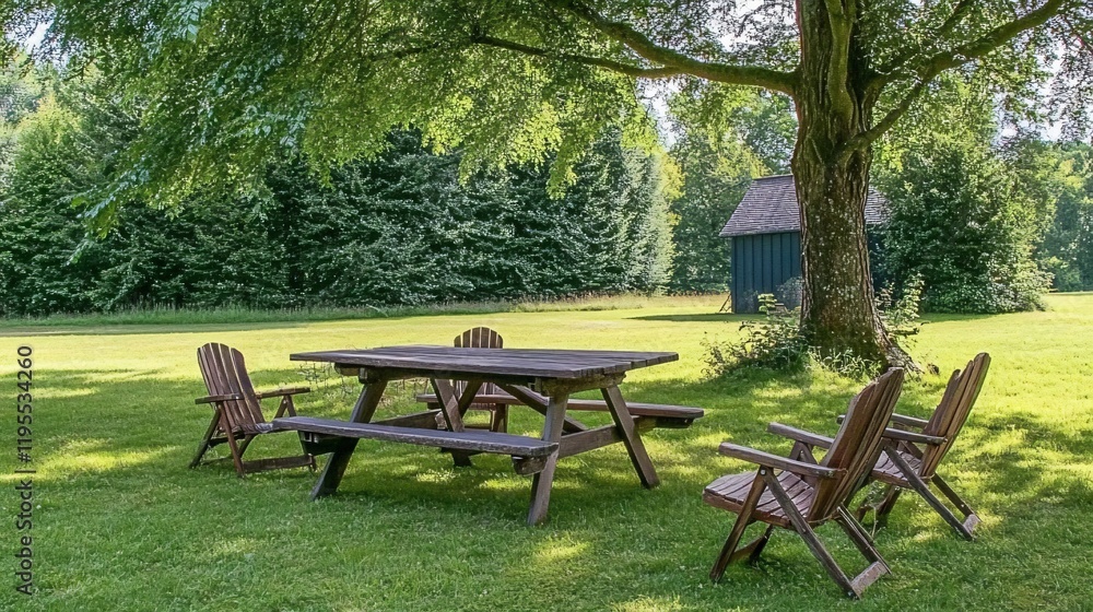 Serene Picnic Area- Wooden Table Chairs Under Tree Serene Picnic Area- Wooden Table Chairs Under Tree