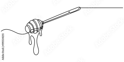 A continuous line drawing of a honey jar with a dipper, Vector continuous one single line drawing of honey on dipper in silhouette on a white background. Linear stylized. honey                        