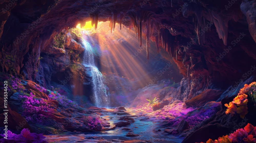 Fototapeta premium A majestic cave interior comes alive as sunlight filters through, highlighting the textures and vibrant shades of the natural rock formations.