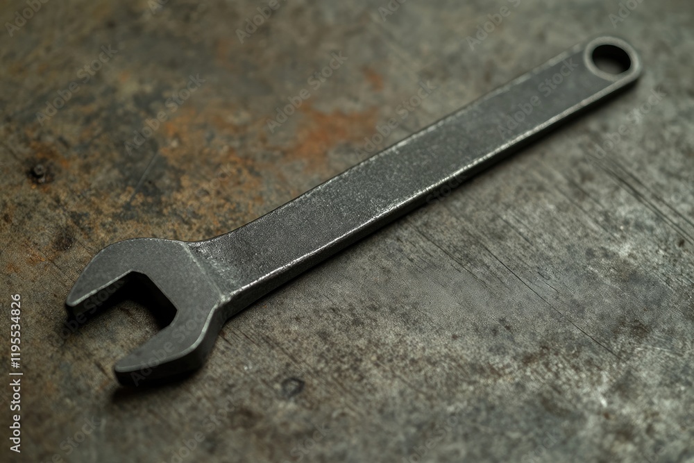 A weathered metal wrench rests on a rustic surface A weathered metal wrench rests on a rustic surface