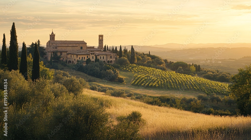 Tuscan countryside landscape with vineyards and abbey at sunset, san galgano near siena Tuscan countryside landscape with vineyards and abbey at sunset, san galgano near siena