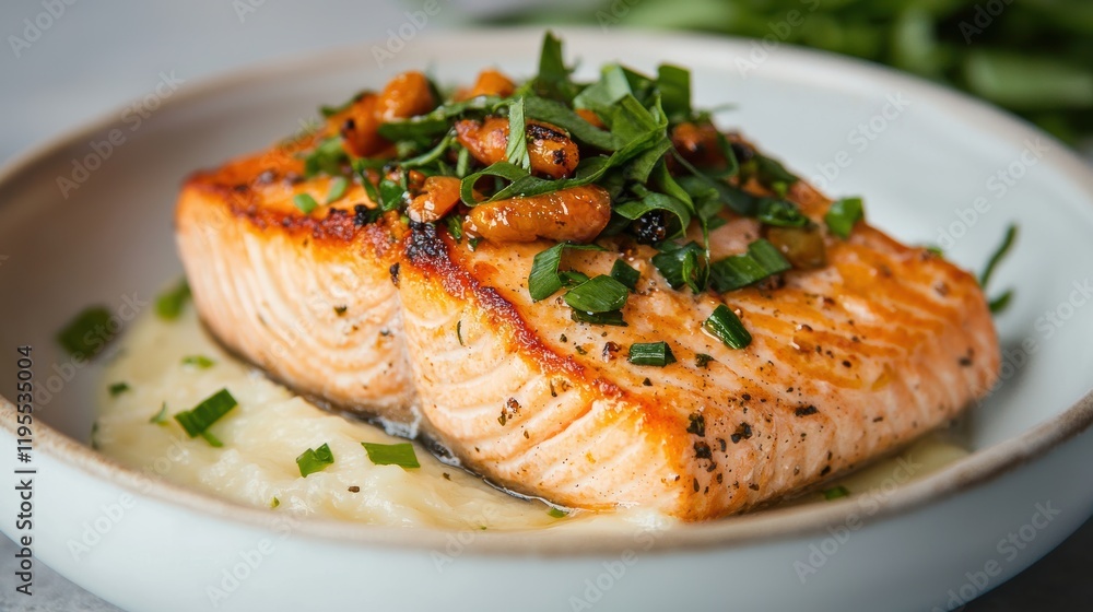 Delicious pan seared salmon with mashed potatoes, crispy fried garlic and chives Delicious pan seared salmon with mashed potatoes, crispy fried garlic and chives