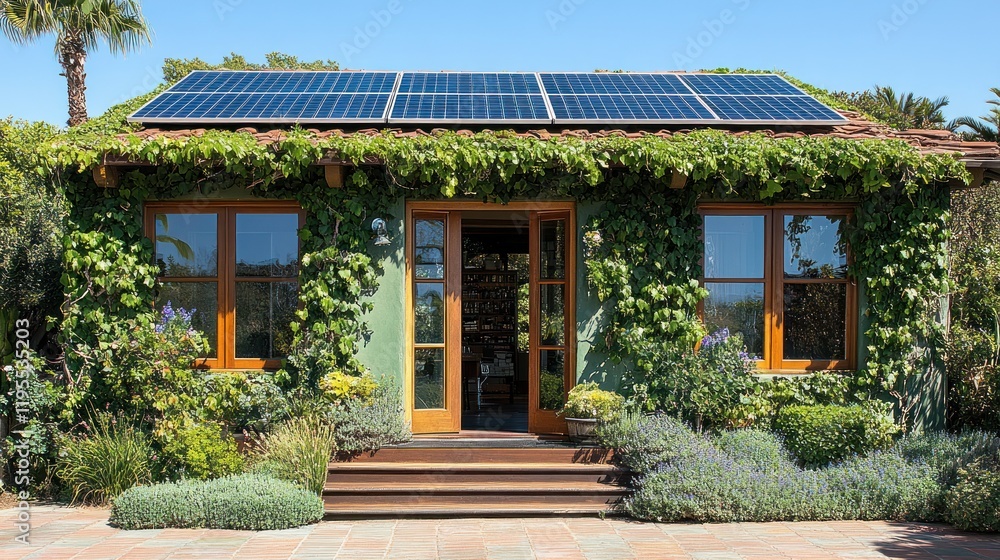 Exterior of a charming, green, stucco home with solar panels, lush landscaping, and open doorway. Exterior of a charming, green, stucco home with solar panels, lush landscaping, and open doorway.