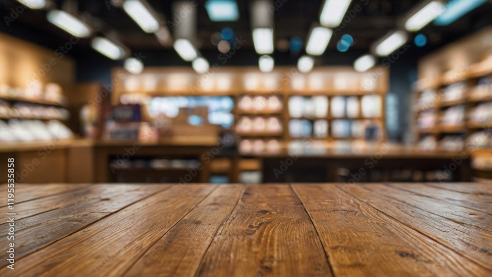 Empty wood table top on a premium retail store setting with a blurred background. The focus is on the table surface. Empty wood table top on a premium retail store setting with a blurred background. The focus is on the table surface.