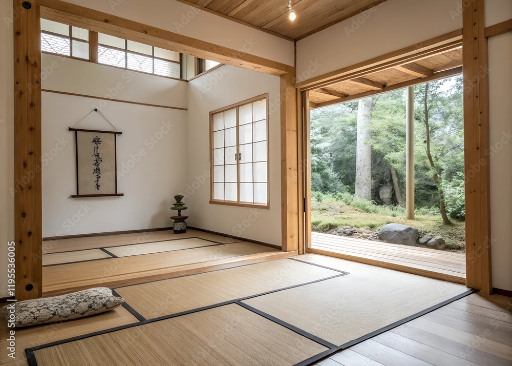 Minimal Wooden Frame in Zen Meditation Room with Neutral Tones and Natural Light for Wellness or Interior Design Projects Minimal Wooden Frame in Zen Meditation Room with Neutral Tones and Natural Light for Wellness or Interior Design Projects