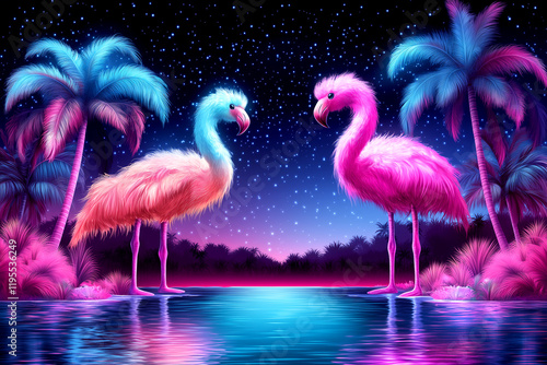 Two pink and blue flamingos standing in front of a body of water. The flamingos are surrounded by palm trees and the sky is filled with stars. The image has a dreamy and peaceful mood