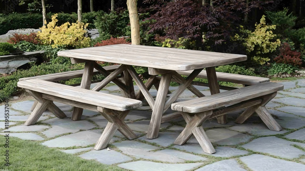 Rustic Wooden Picnic Table Set in Garden Rustic Wooden Picnic Table Set in Garden