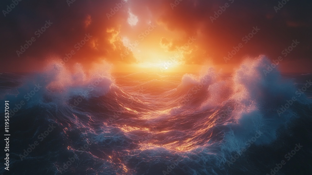 Fototapeta premium Fiery sunset over turbulent ocean waves.