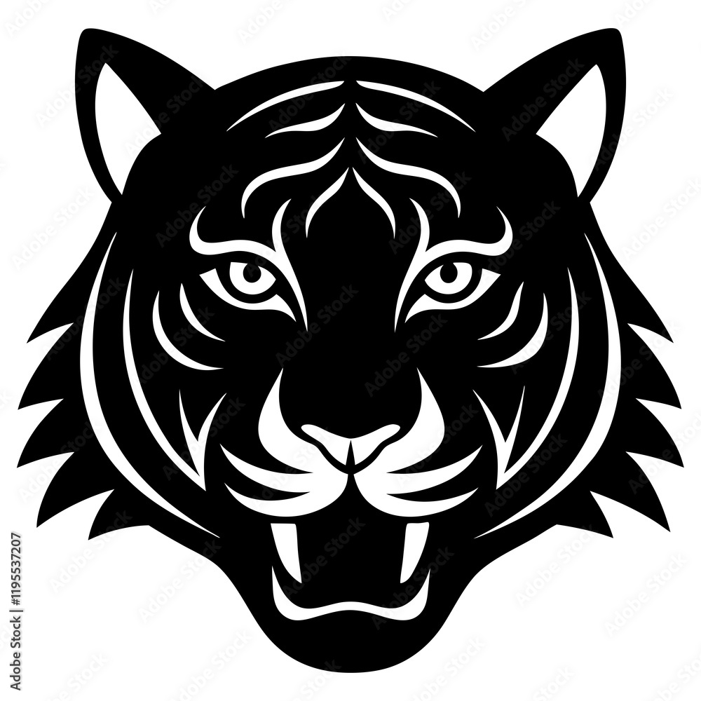 Obraz premium Tiger head black silhouette vector, Simple silhouette Design vector icon with white background. Wild Animal Vector. roaring tiger head