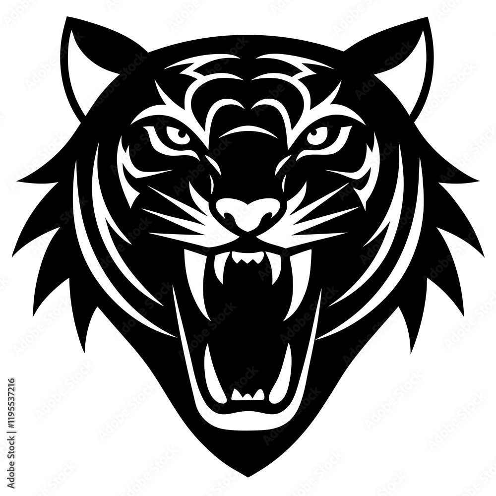 Obraz premium Tiger head black silhouette vector, Simple silhouette Design vector icon with white background. Wild Animal Vector. roaring tiger head