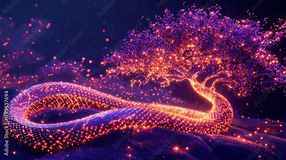 A holographic serpent winding its way around a glowing digital tree A holographic serpent winding its way around a glowing digital tree