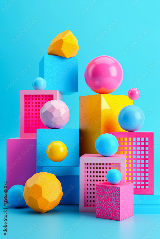 Fototapeta premium Vibrant Vertical Blue Background with Colorful 3D Geometric Shapes.