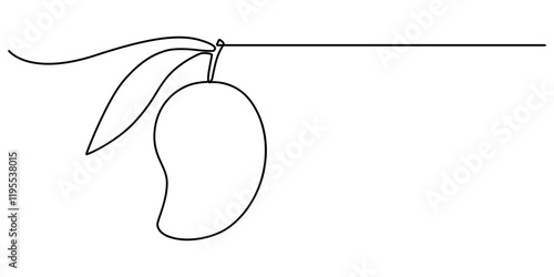 Continuous one line drawing of mango. Doodle vector illustration, Continuous one line drawing of mango fruit with leaf. Mango fruit hand drawn single line art vector illustration, Continuous line draw