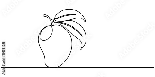 Continuous one line drawing of mango. Doodle vector illustration, Continuous one line drawing of mango fruit with leaf. Mango fruit hand drawn single line art vector illustration, Continuous line draw