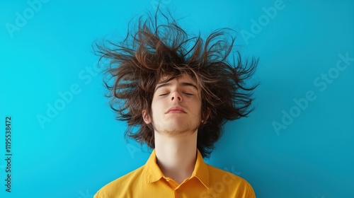 A young person stands against a vivid blue background, their hair standing on end from static electricity, creating a humorous and electrifying effect.
