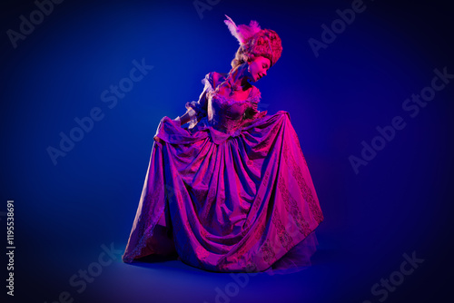 Full length photo of charming positive marie antoinette wear rich dress doing curtsy empty space isolated blue color background