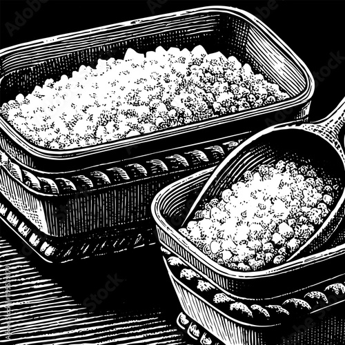 Vintage Engraving of Rice in Wooden Containers Detailed Black and White Illustration