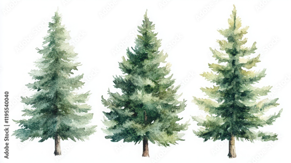 Watercolor illustrations of three evergreen pine trees on a white background for nature themes Watercolor illustrations of three evergreen pine trees on a white background for nature themes