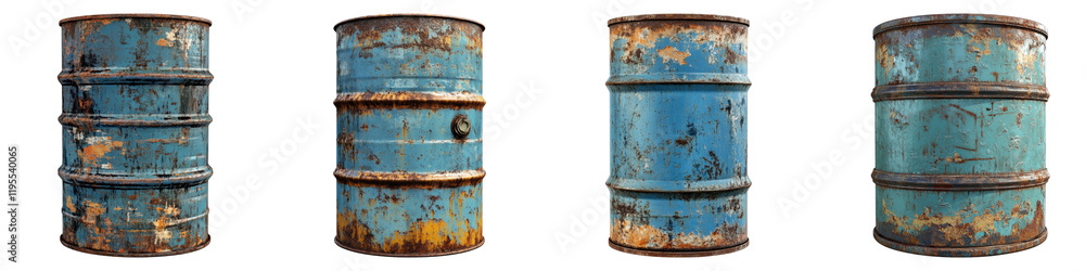 Old rusty blue steel oil barrel isolated on transparent background, Set of Old rusty blue steel oil barrel isolated on transparent background, Set of