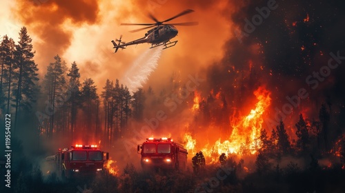 Heroic Firefighters Battling Massive Forest Fire – Ground Crew with Fire Trucks and Helicopter Dropping Water, Dramatic Scene of Teamwork, Flames, Smoke, and Urgent Emergency Response photo