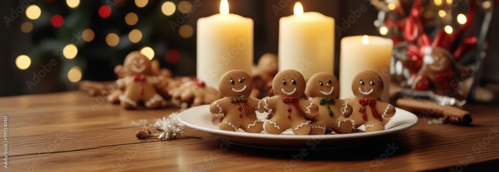 Naklejka premium A plate of warm Christmas gingerbread men on a wooden table with a candle centerpiece , christmas dessert, cozy atmosphere, holiday treat