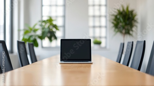Wallpaper Mural Laptop showing blank screen sitting on meeting table in modern office Torontodigital.ca