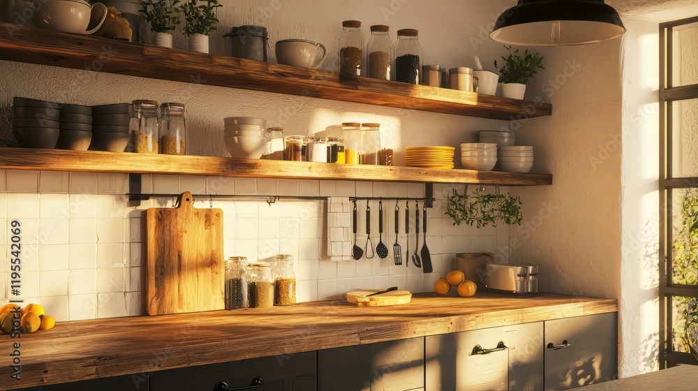 Rustic kitchen with wooden shelves, ceramic bowls, glass jars, and hanging utensils, bathed in warm natural light from a large window. AI generative. Rustic kitchen with wooden shelves, ceramic bowls, glass jars, and hanging utensils, bathed in warm natural light from a large window. AI generative.