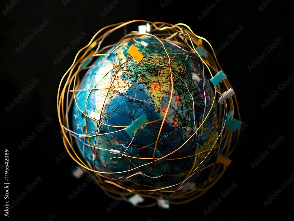 A creative depiction of the Earth wrapped in a network of wires, symbolizing global connectivity and technological advancement. A striking image showcasing modern innovation. A creative depiction of the Earth wrapped in a network of wires, symbolizing global connectivity and technological advancement. A striking image showcasing modern innovation.