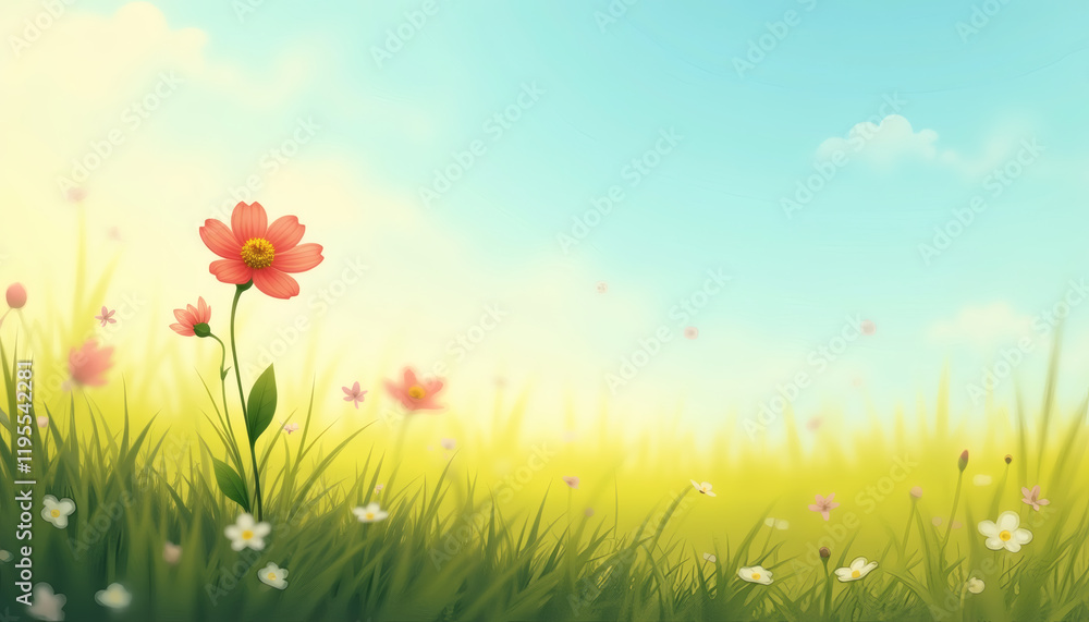 Fototapeta premium Vibrant wildflowers blooming in sunny meadow, lush green grass, serene blue sky and soft clouds, nature tranquility concept