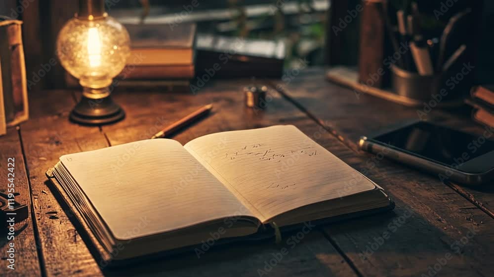 Open notebook on rustic wooden desk lit by a table lamp. Open notebook on rustic wooden desk lit by a table lamp.