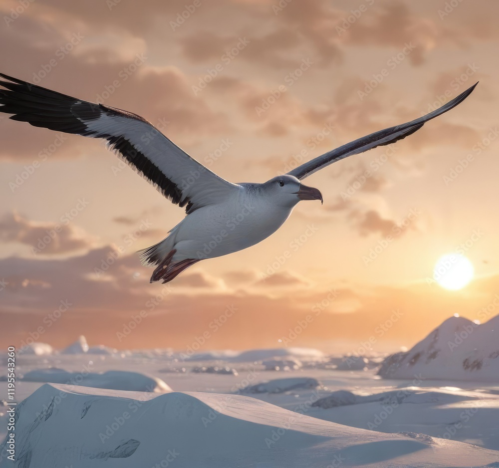 Obraz premium A solitary albatross soars above the icy landscape of Antarctica, its snowy feathers glistening in the pale orange glow of dawn, Antarktis, Landschaft, Flügel