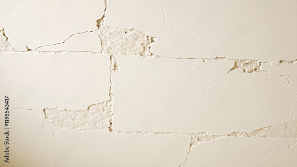 Obraz premium Plaster ceiling with cracks, chips, and peeling, showing signs of aging and wear over time. 