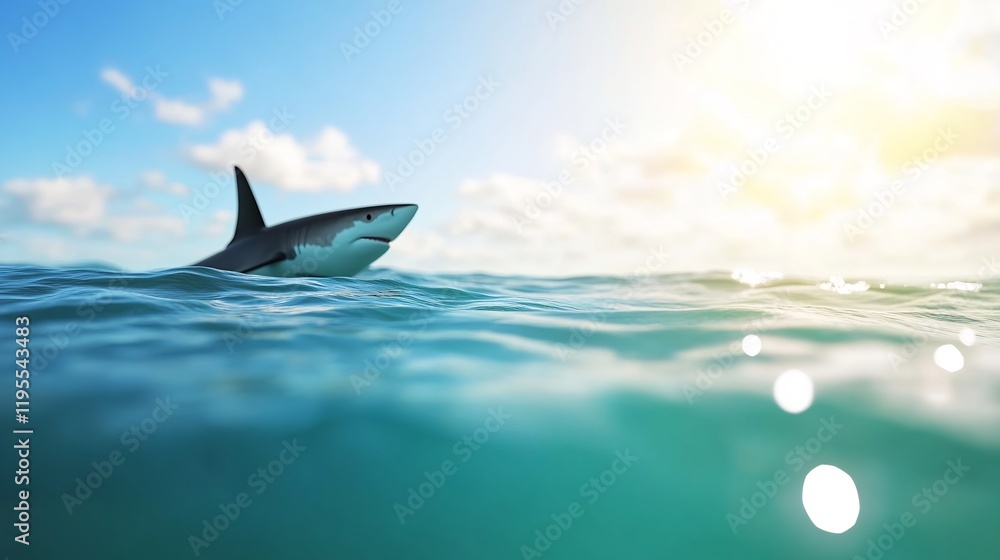 Fototapeta premium Serene shark gracefully breaches turquoise water bathed in warm sunlight. AI Generated