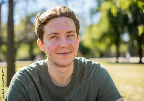 Young caucasian adult male with acne smiling outdoors in sunlit park