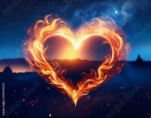 burning fiery heart on blue night sky background