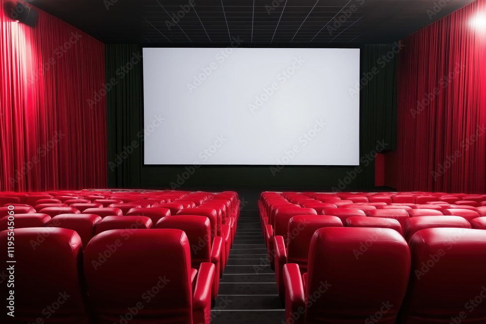 Modern cinema hall with empty red chairs and a large blank screen Modern cinema hall with empty red chairs and a large blank screen