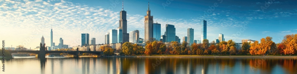 Obraz premium Aerial View of Warszawa: Captivating Cityscape with Skyscrapers and Urban Architecture against a Scenic Horizon