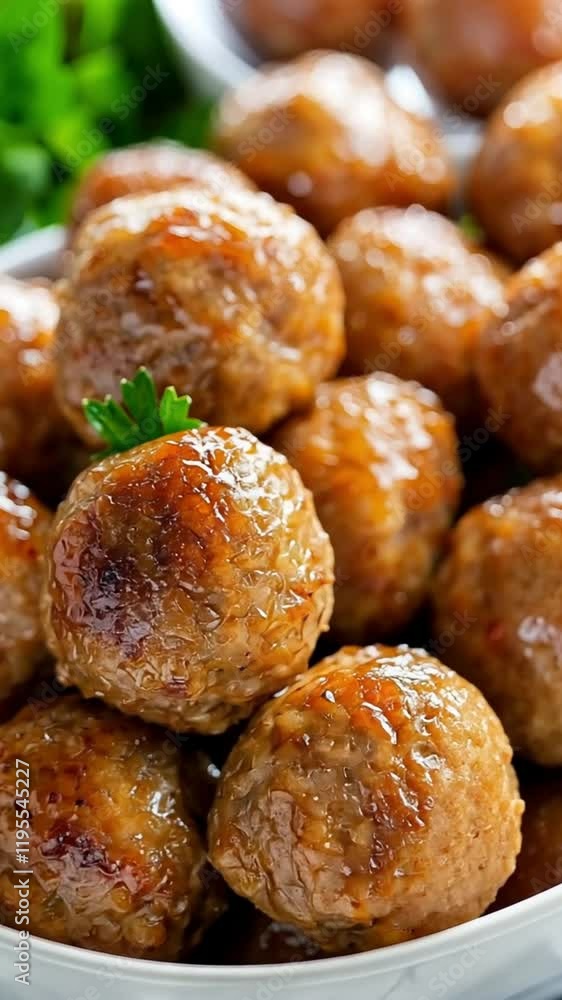 A close-up of glazed meatballs garnished with parsley, served in a bowl. A close-up of glazed meatballs garnished with parsley, served in a bowl.