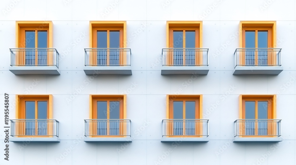 Modern building facade shows eight neatly arranged balconies with orange frames bathed in soft sunlight. AI Generated Modern building facade shows eight neatly arranged balconies with orange frames bathed in soft sunlight. AI Generated