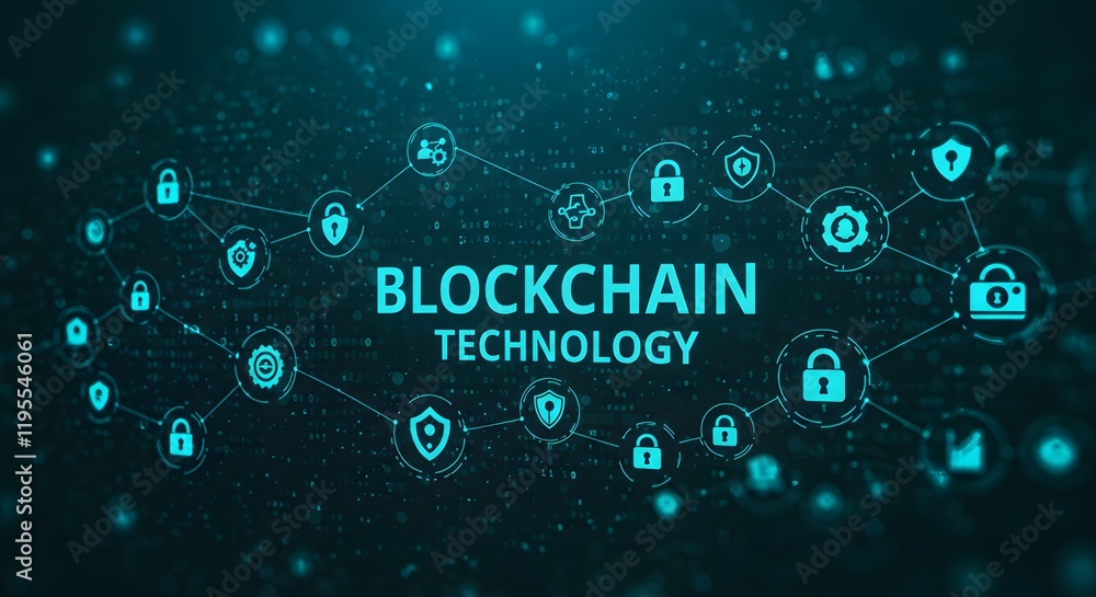 Blockchain technology concept with interconnected devices and nodes. Digital network showcasing blockchain technology with security icons. Blockchain technology concept with interconnected devices and nodes. Digital network showcasing blockchain technology with security icons.