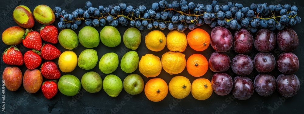 Panoramic food background with assortment of fresh organic fruits and vegetables Panoramic food background with assortment of fresh organic fruits and vegetables