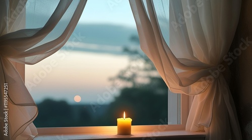 a cozy window scene with flowing curtains, a candle on the sill, and soft evening light photo