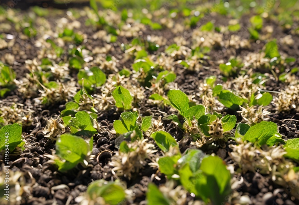Obraz premium Bean plant sprouts and emerges through the soil, pushing upwards as it begins its growth. 