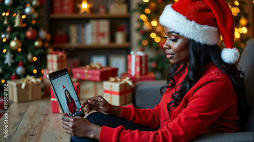 A joyful woman in a red outfit enjoys a festive moment during Christmas celebrations. photo