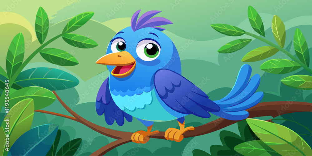 Obraz premium Cartoon Blue Bird with Cheerful Expression Perched on Branch in Vibrant Colors
