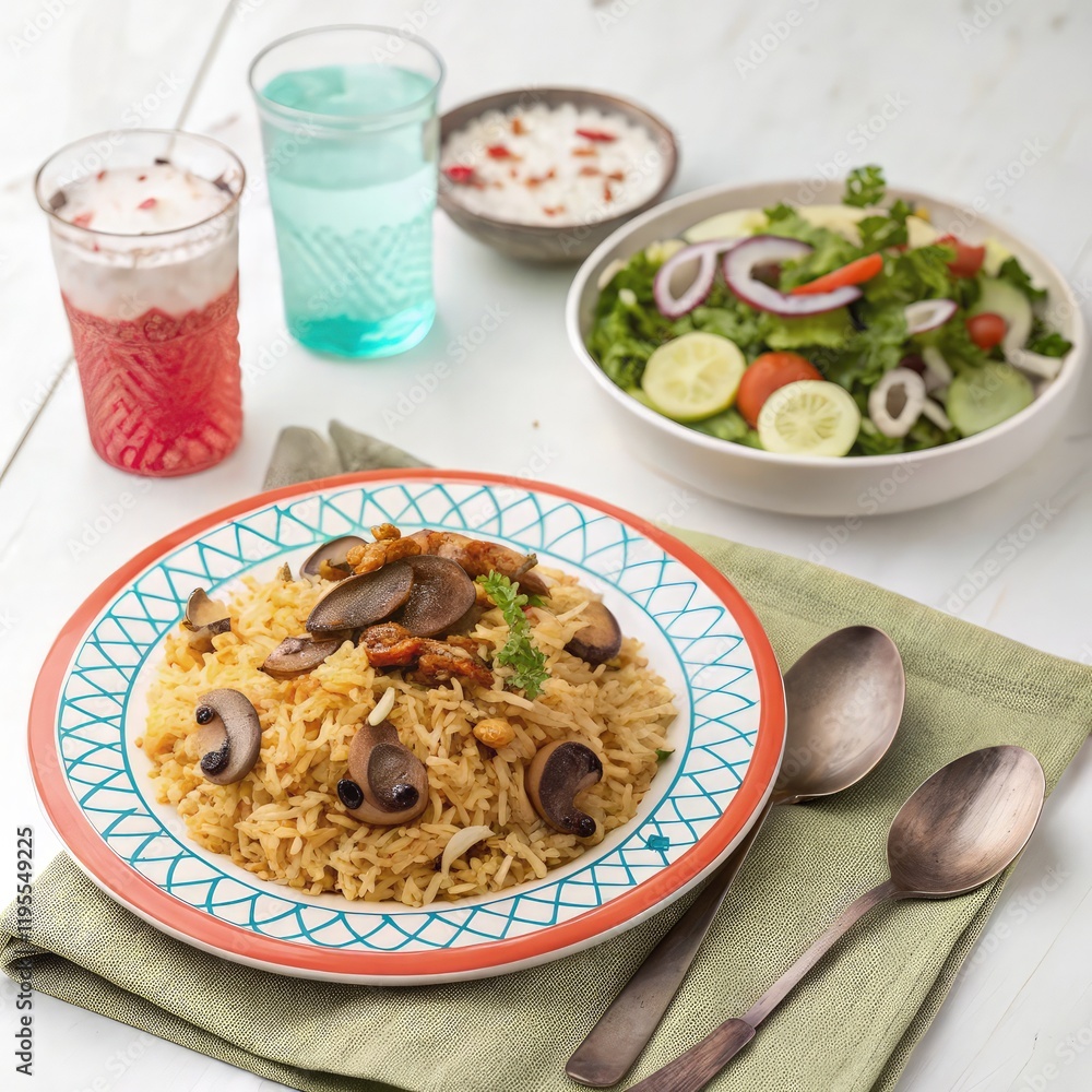 Mushroom Biryani Served With Refreshing Drinks and Salad. Generative AI Mushroom Biryani Served With Refreshing Drinks and Salad. Generative AI