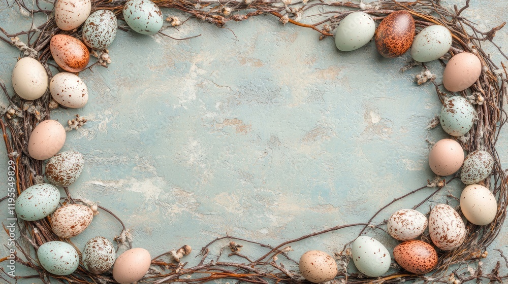 Obraz premium Pastel Easter Frame: Top View of Robin's and Chocolate Eggs Nesting with Space for Festive Messages