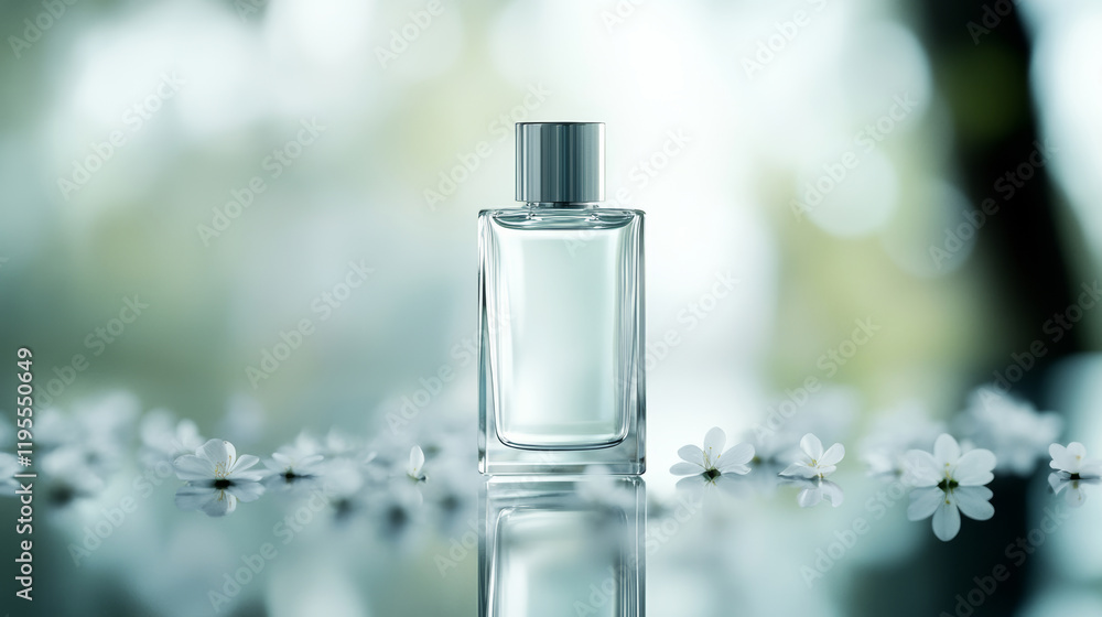Elegant glass perfume bottle with a silver cap resting on a reflective surface, surrounded by delicate white flowers and a blurred natural background Elegant glass perfume bottle with a silver cap resting on a reflective surface, surrounded by delicate white flowers and a blurred natural background