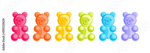 Gummy bears, shaped like adorable animals. These vibrant gelatin candies burst, fruity and berry flavors, offering a delightful selection of classic sugary treats. Vector illustration included.